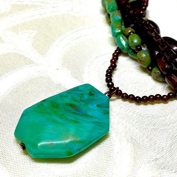 Multi-strand faux turquoise pendant adjustable necklace of browns and blue green - Picture 2 of 6
